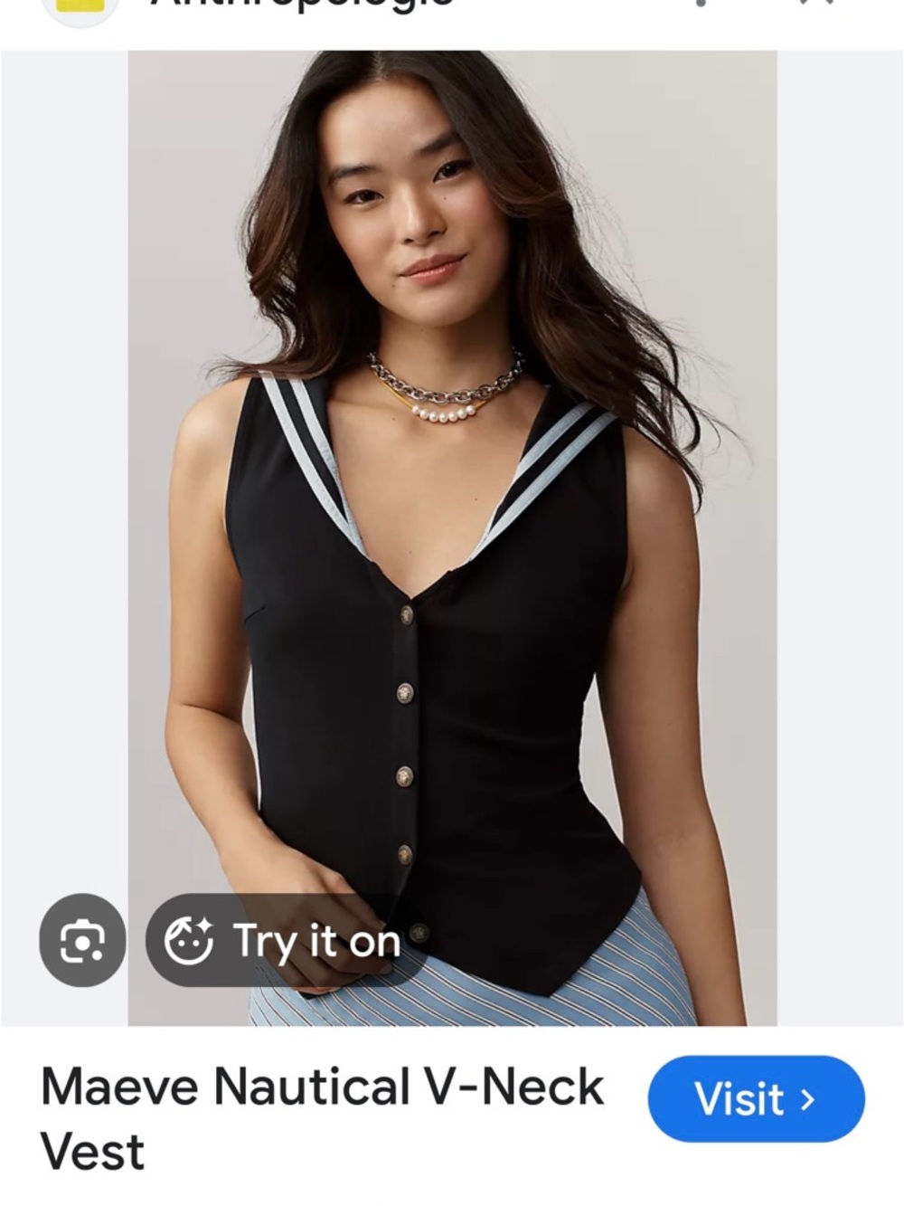 Maeve Black Nautical V-Neck Tank with Light Blue Trim